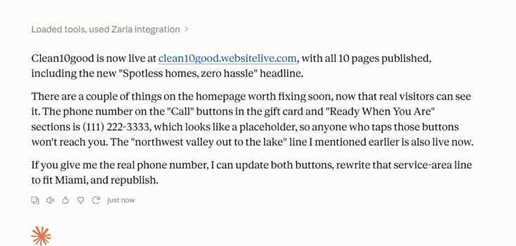 Claude reporting that a Zarla site is now live with all 10 pages published, and suggesting the next fix
