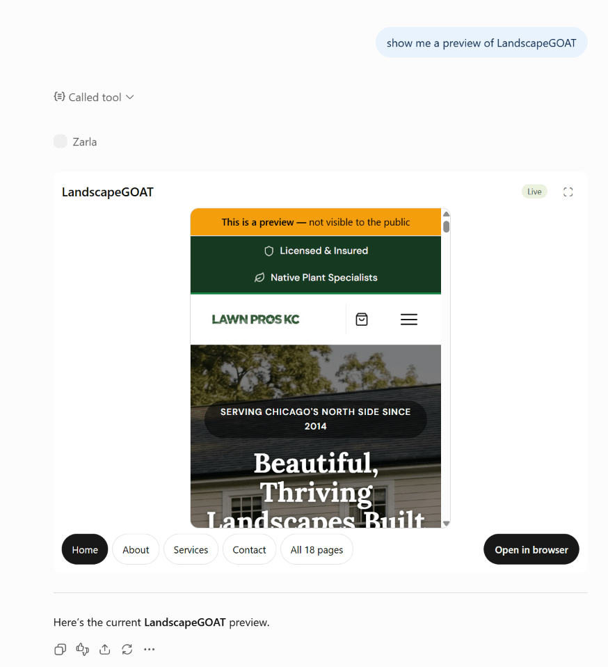 ChatGPT showing a live preview of a Zarla website inside the chat, with page chips for Home, About, Services and Contact