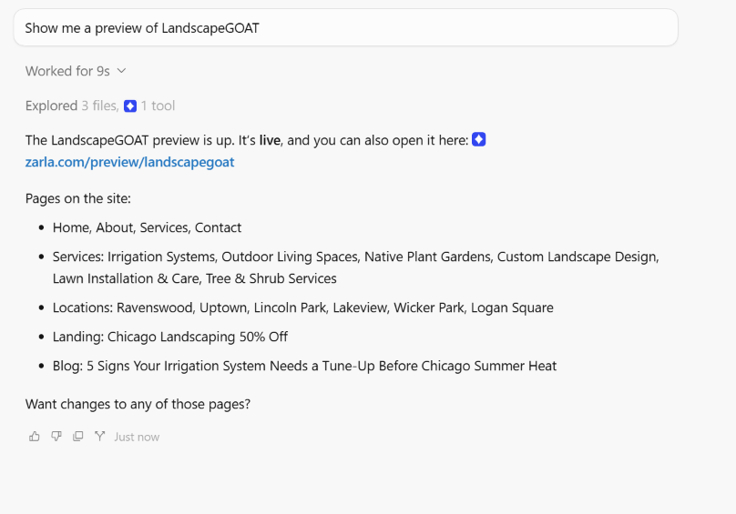 Cursor reporting a Zarla site preview is up, with the site's pages listed