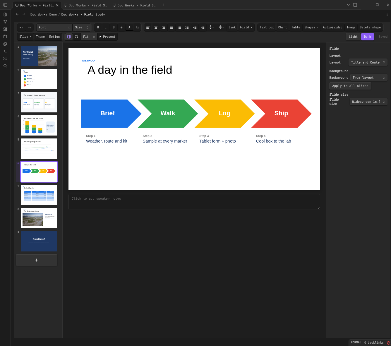 Editing a slide deck with the slide panel and thumbnails