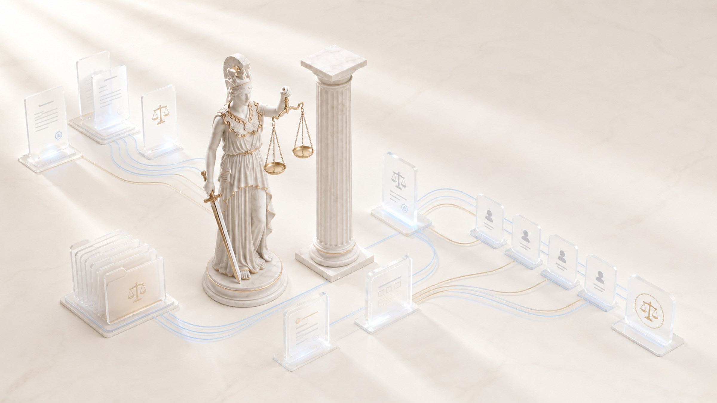 Themis in white marble with scales and sword beside the classical column, legal documents and agent review cards laid out in daylight