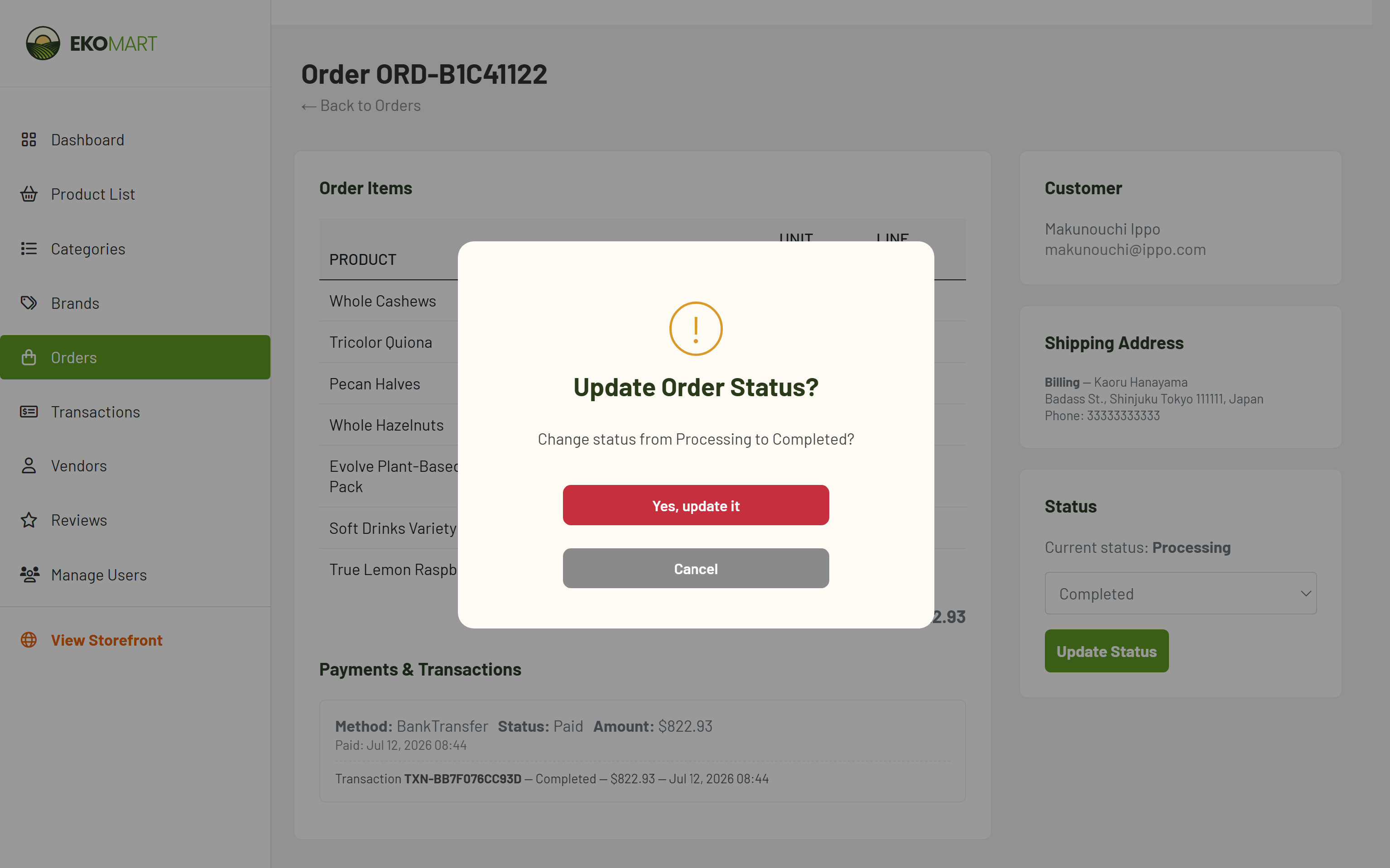 Admin order status change (SweetAlert2)