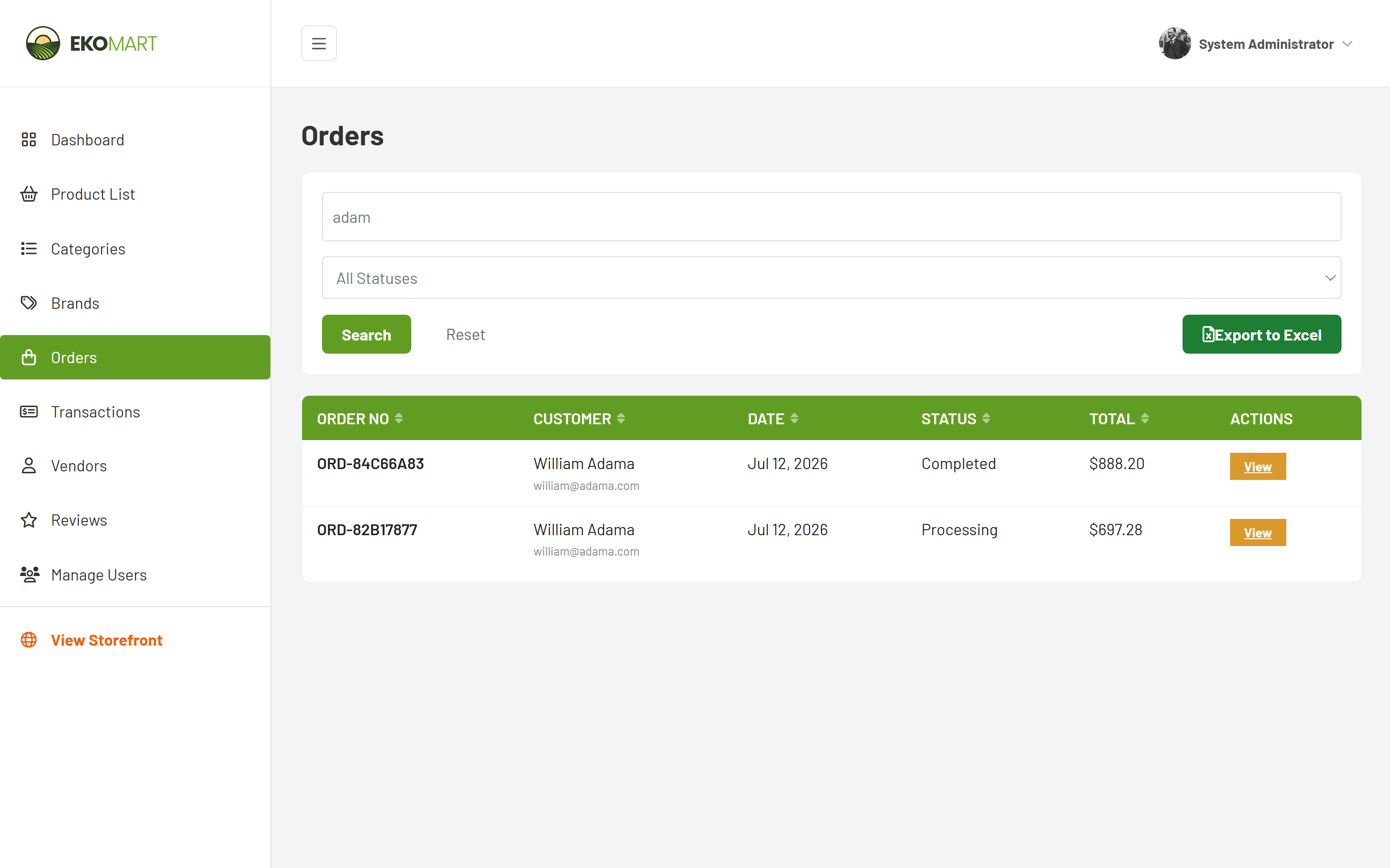Admin orders filtering
