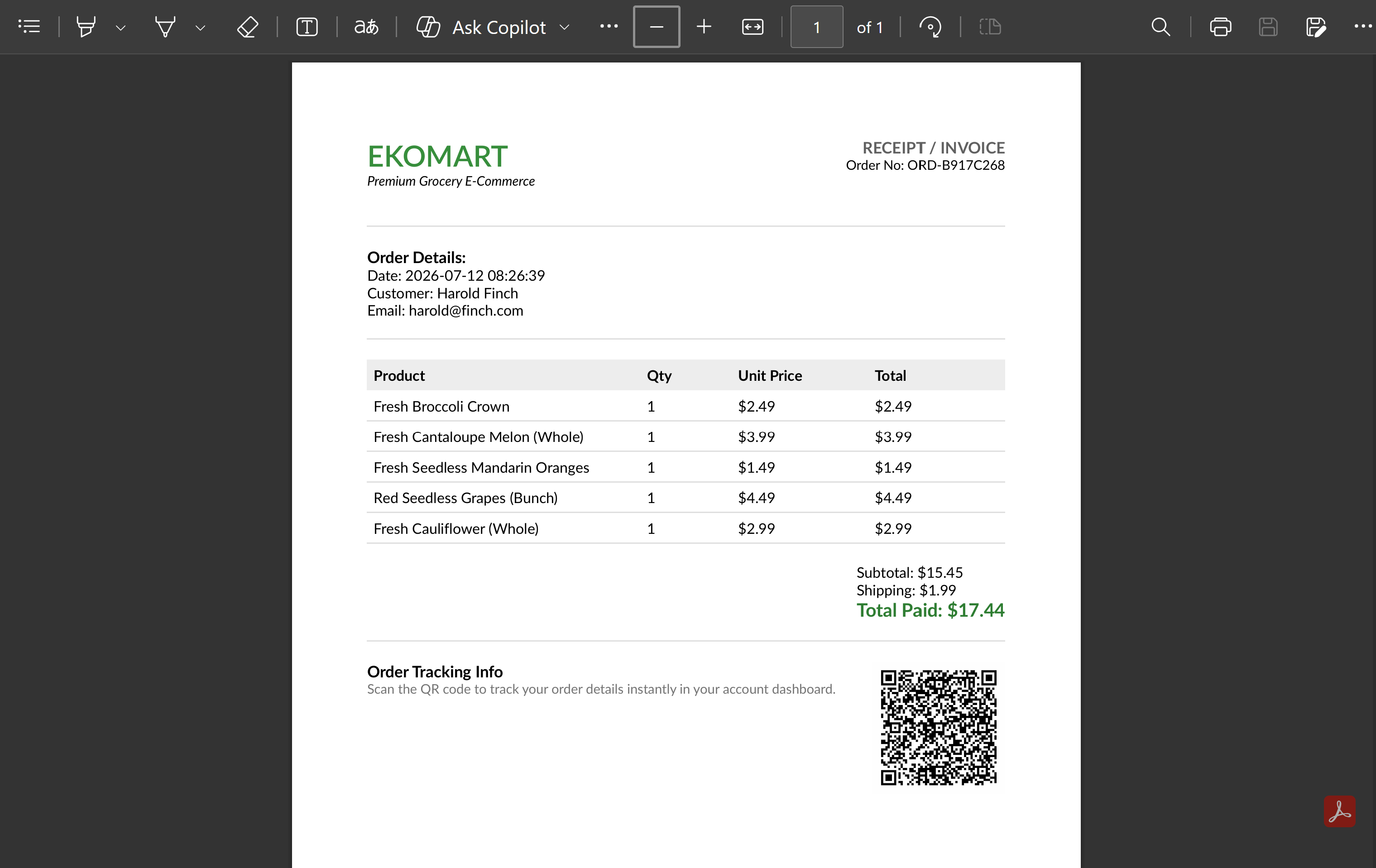 Order complete invoice