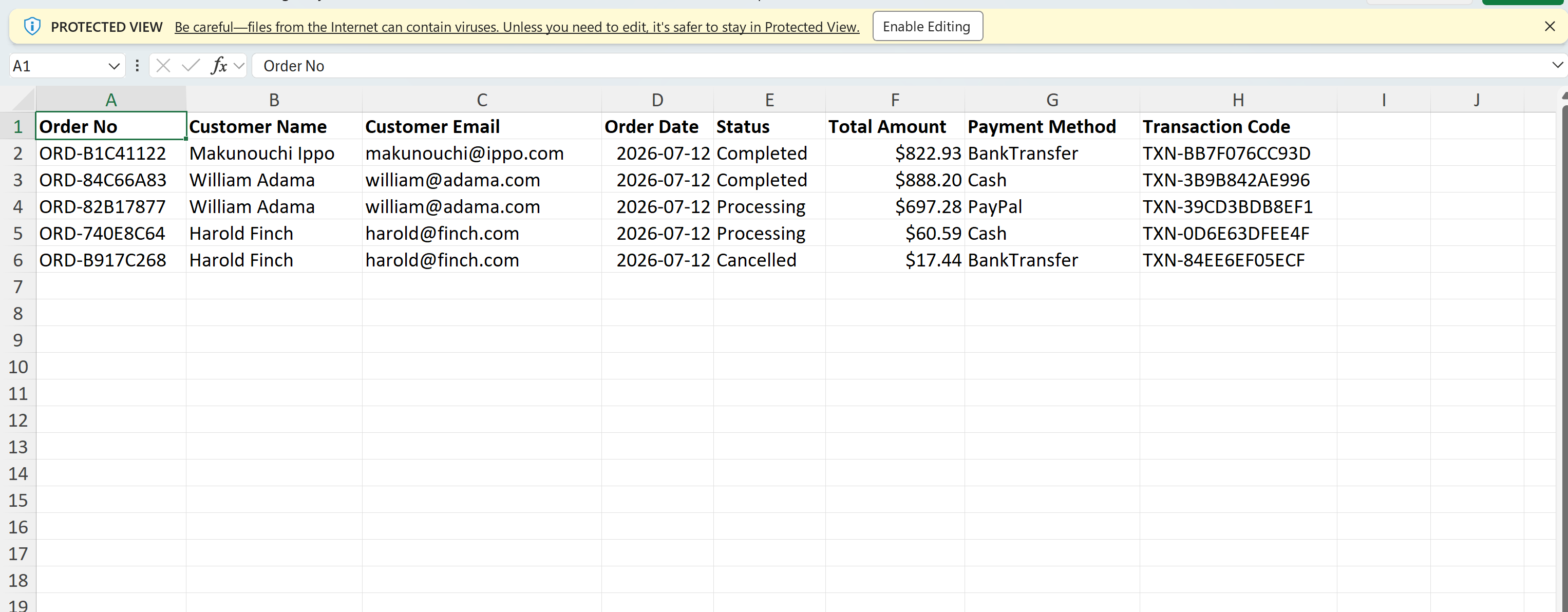Excel export of selected view results