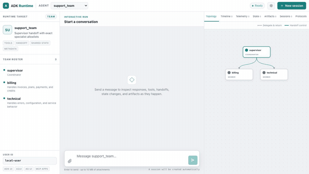 Prompting an ADK-Rust team, watching its handoff topology, and opening runtime telemetry