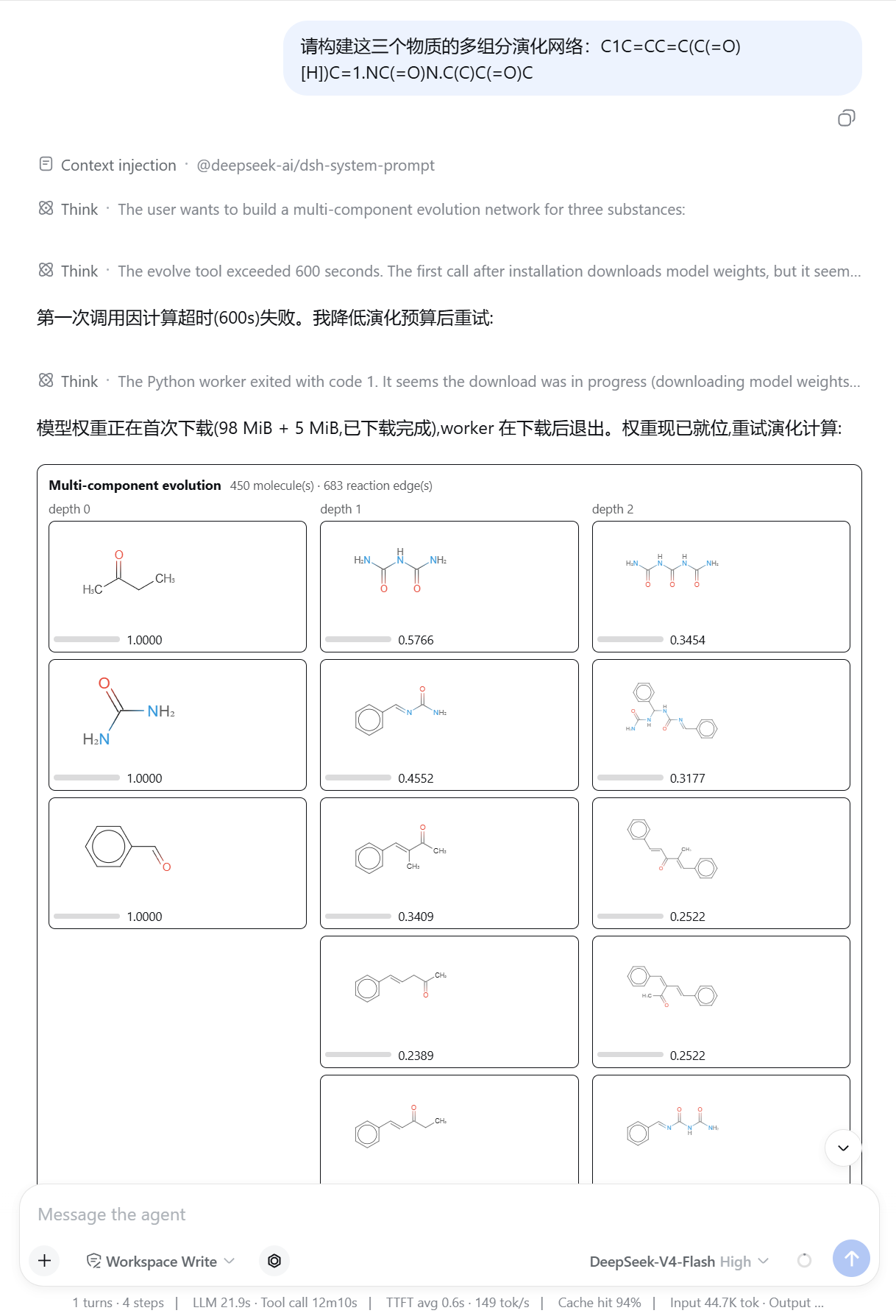 A multi-component evolution card: molecules laid out in depth columns, each with a cumulative score