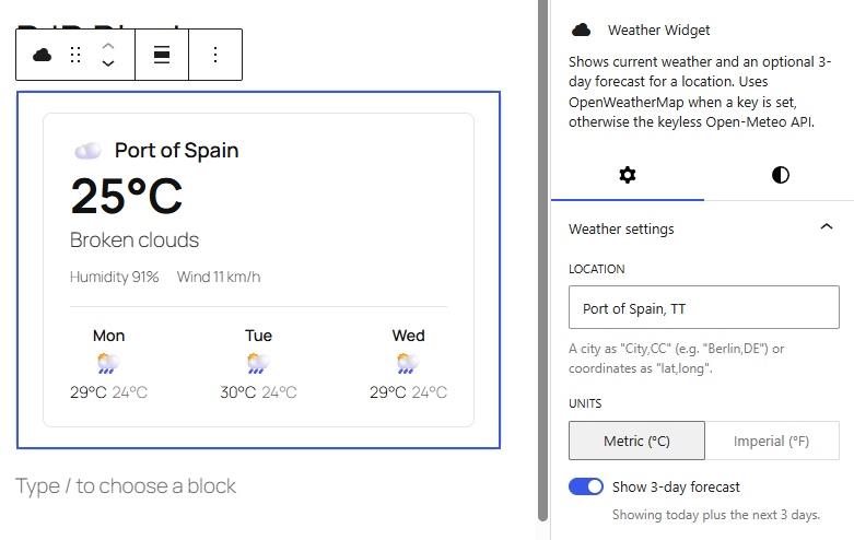 Weather block in the editor
