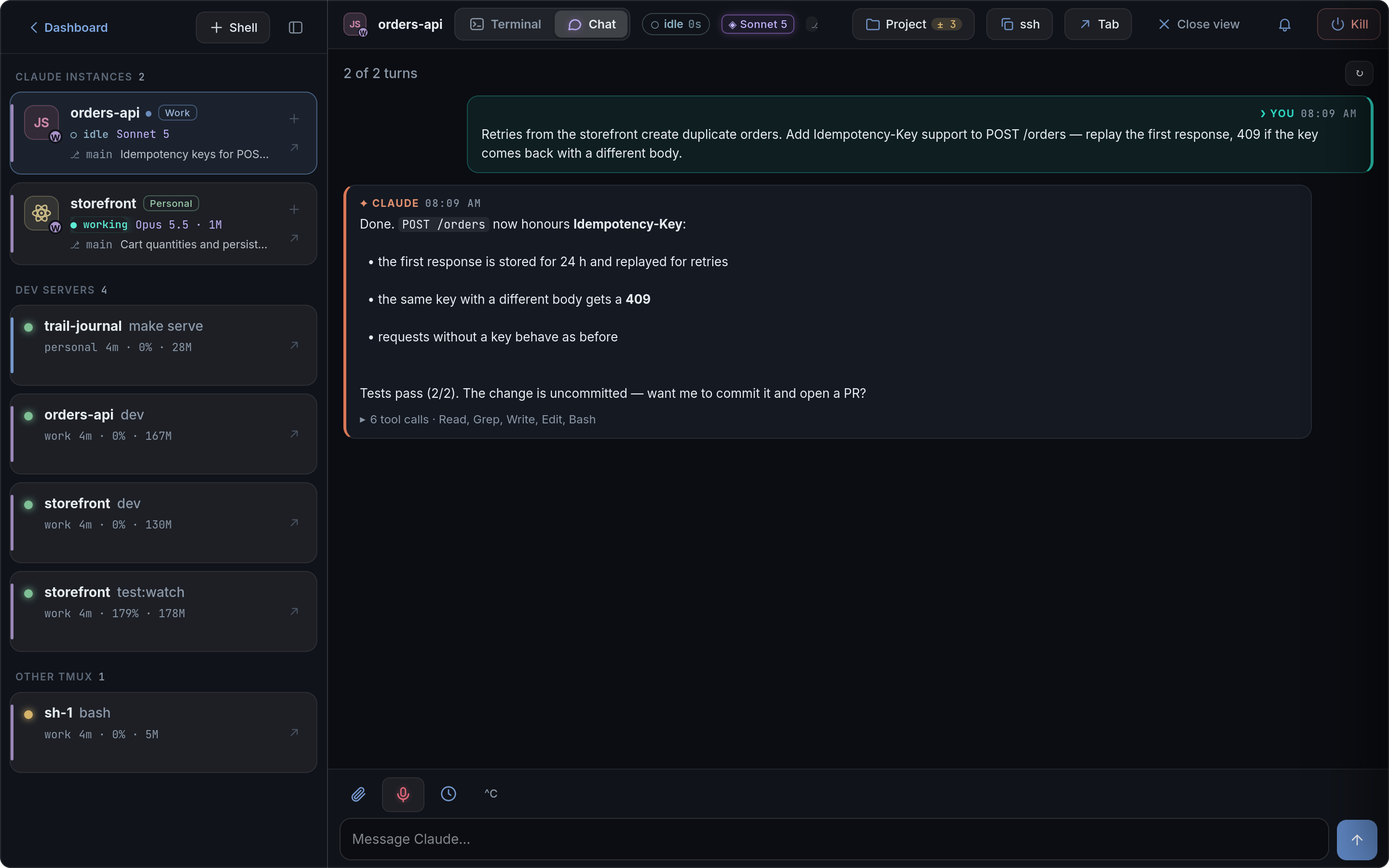 Chat of a finished session: Claude's summary with a list and a question