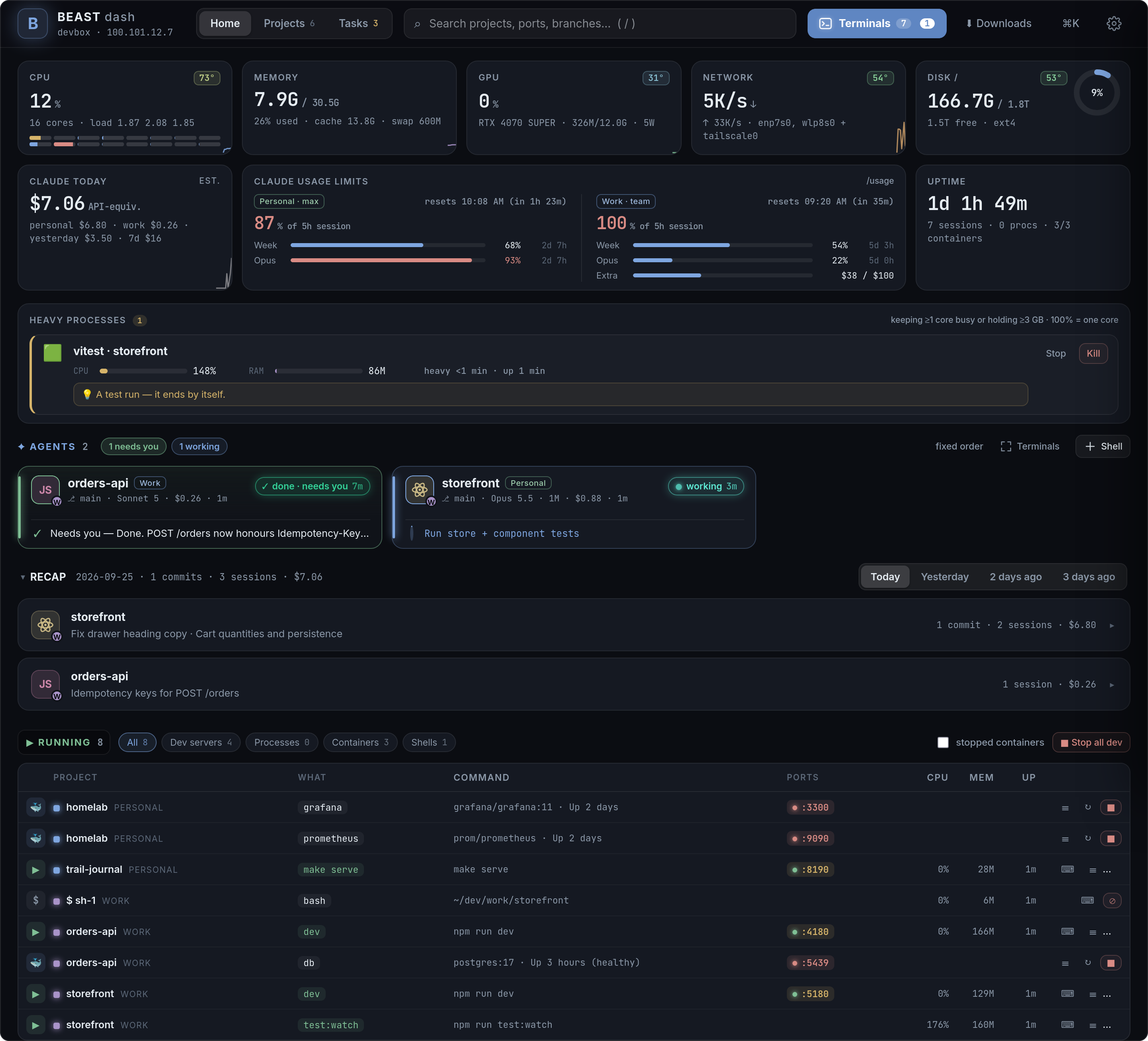 Home: system stats, every Claude Code session and its state, what is running