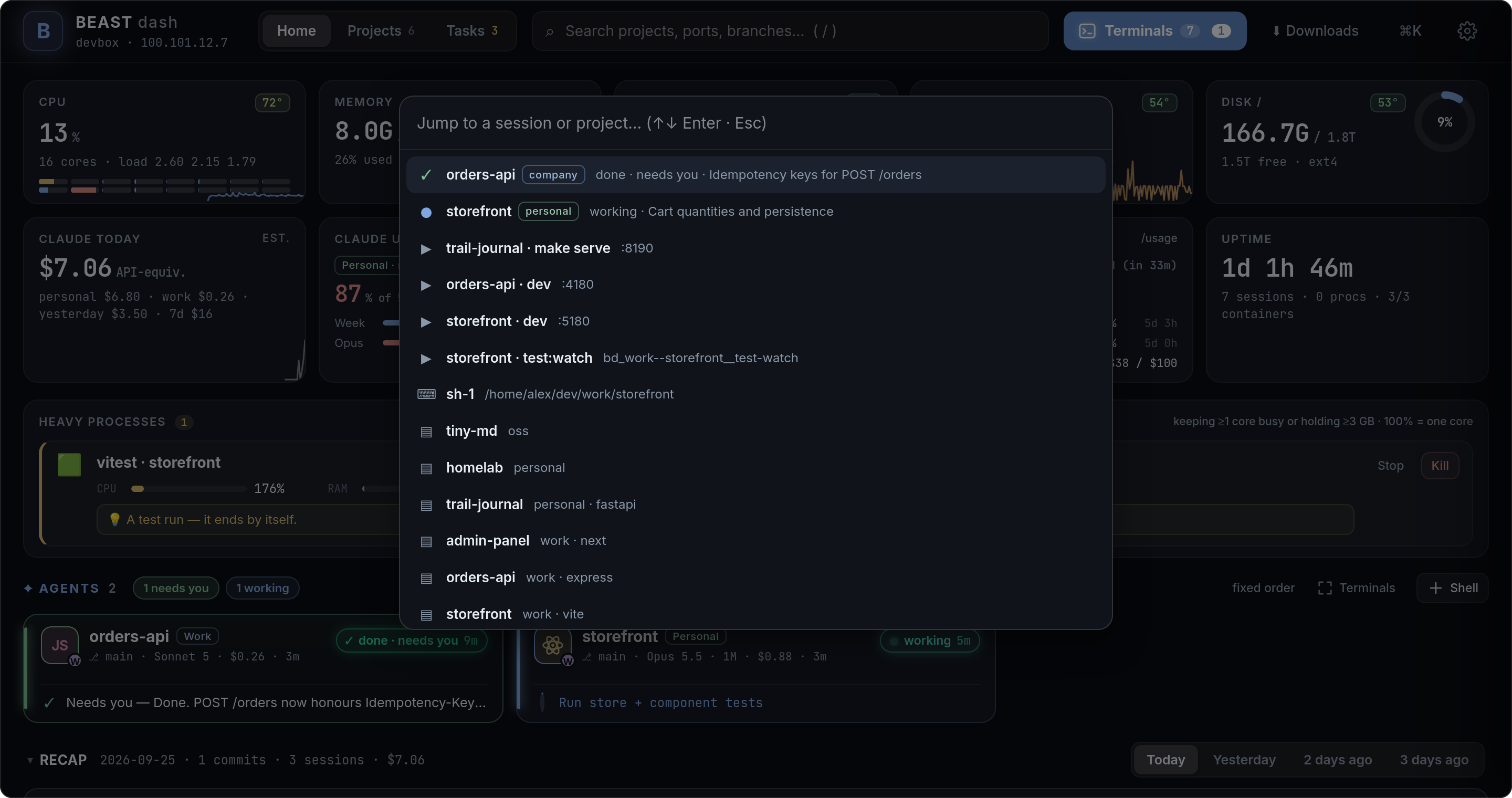 Command palette with sessions, dev servers and projects