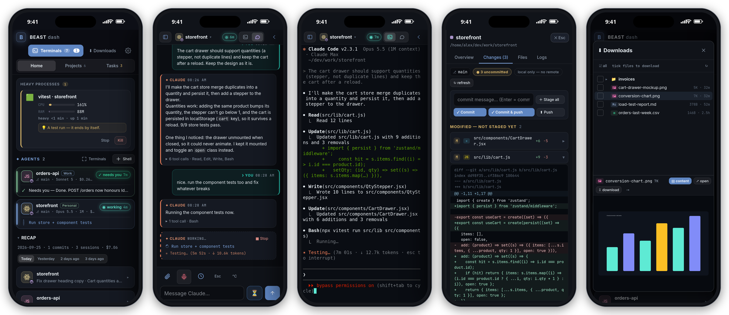 Phone: home, chat, Claude Code in the terminal, a diff, Downloads