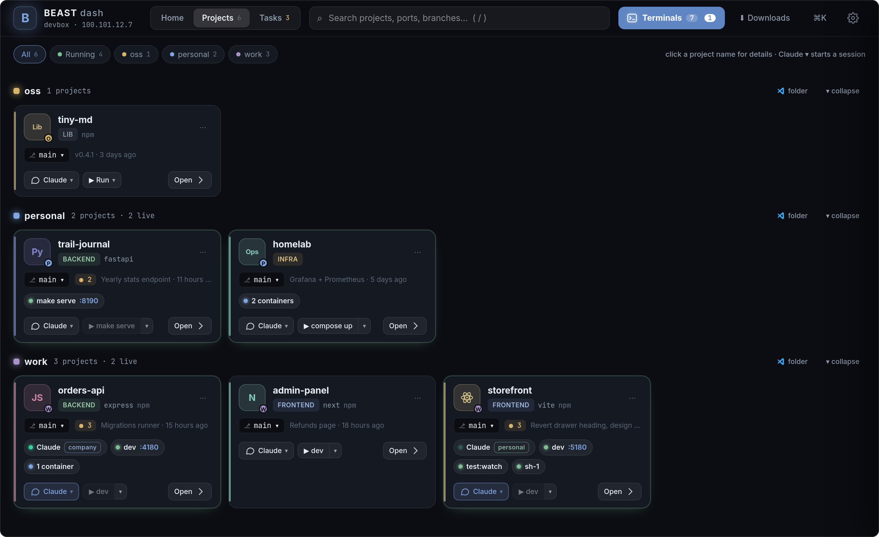 Project cards with branch, changes and what runs in each