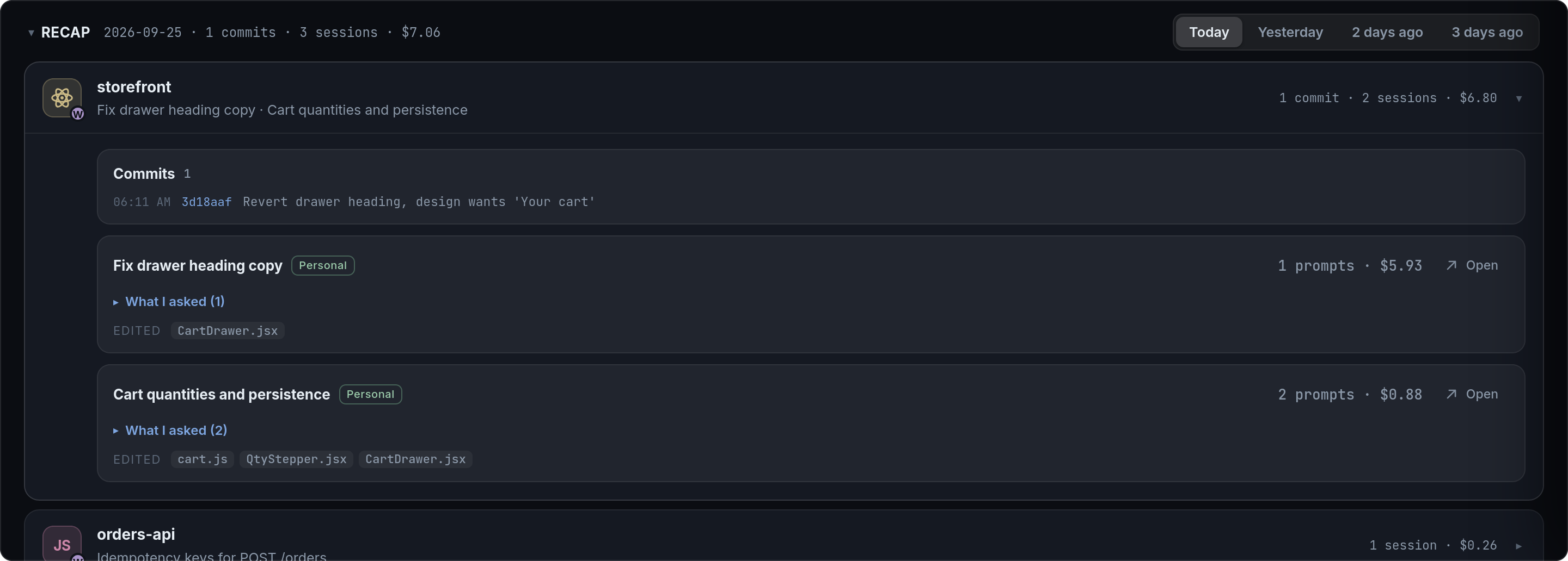 Recap of a project: commits and two Claude sessions