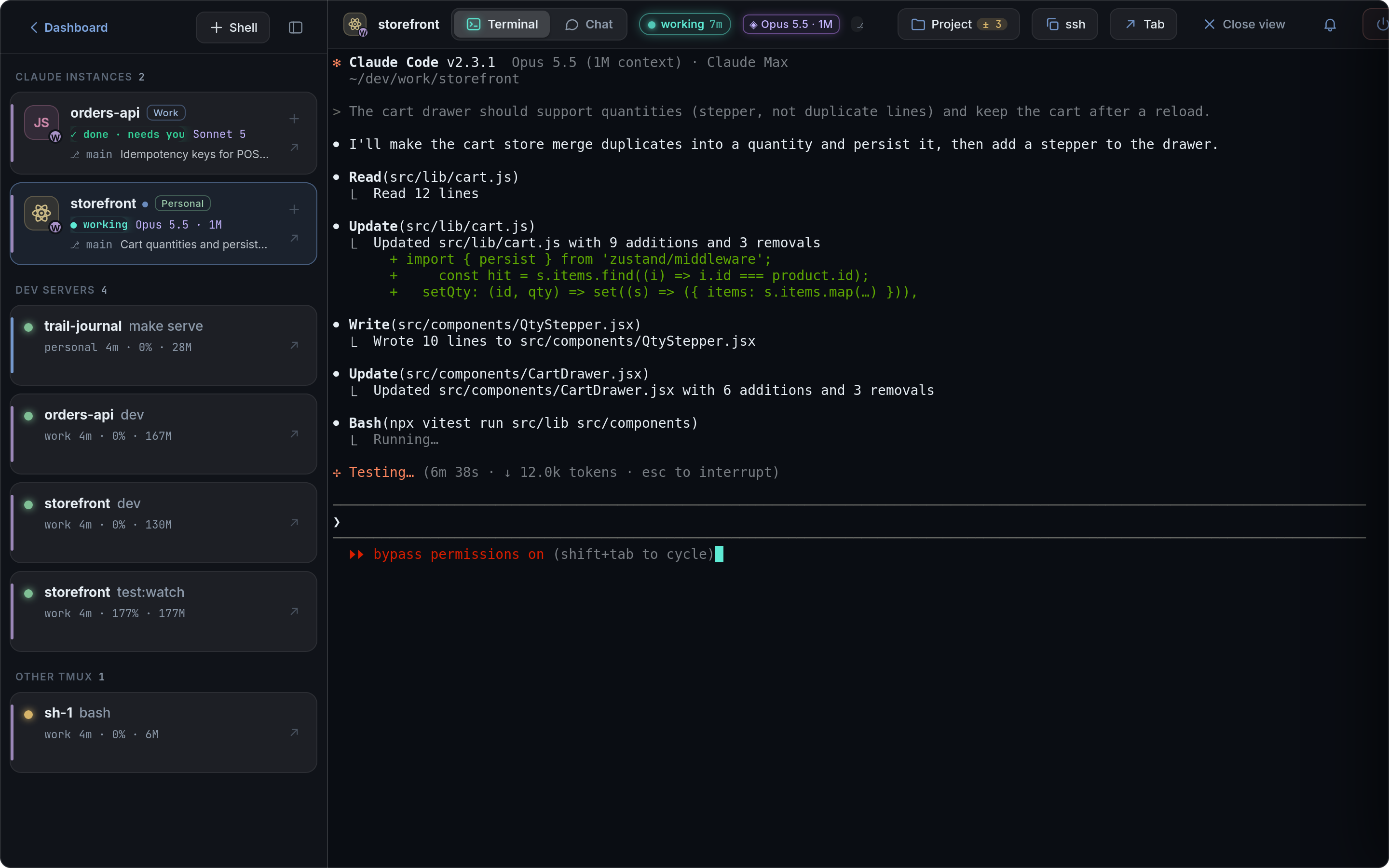 Terminal view: Claude Code running in tmux, in the browser