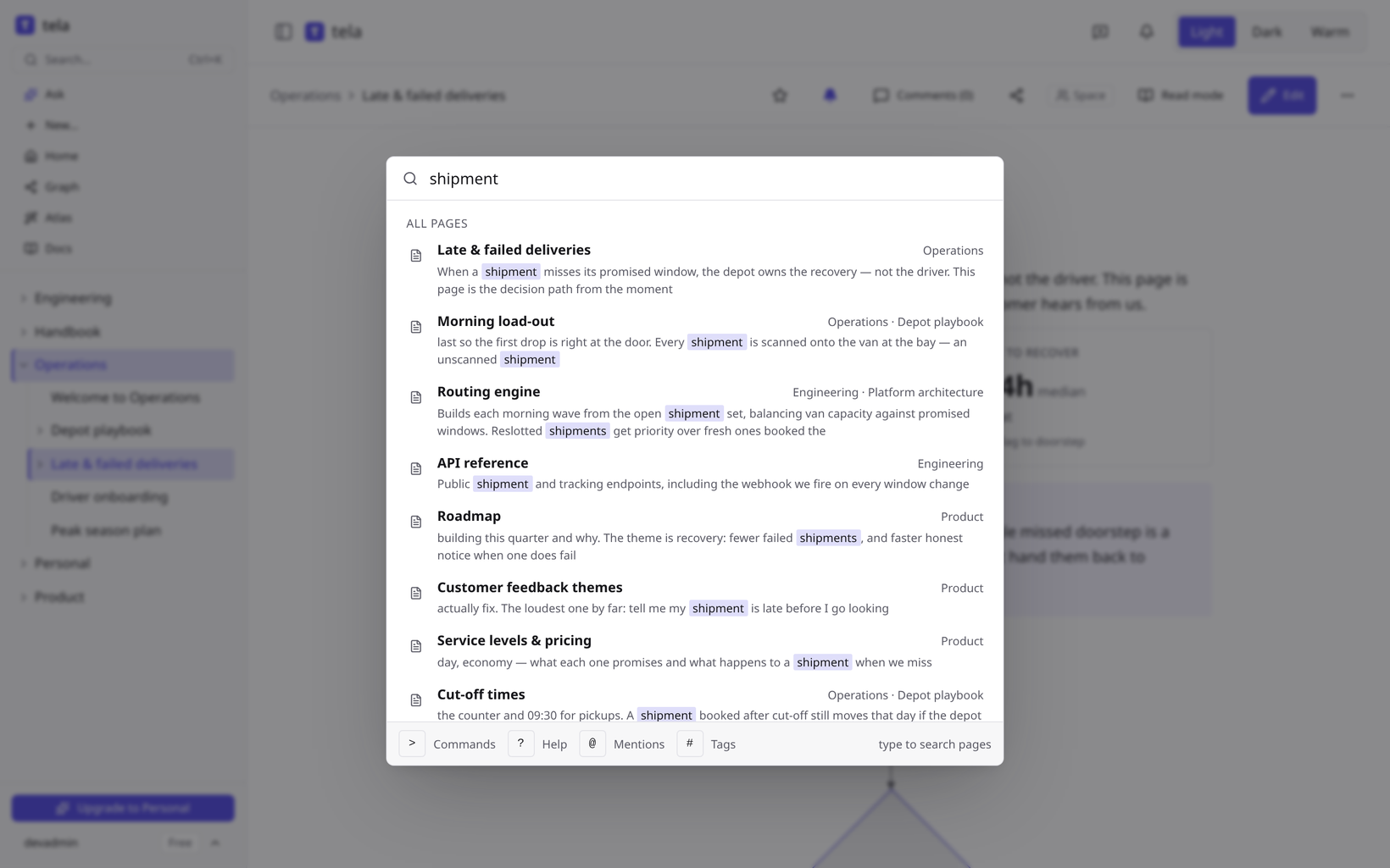 tela — search: ranked results for “shipment” across the Operations, Engineering, and Product spaces, each with its breadcrumb and the matched term highlighted in context