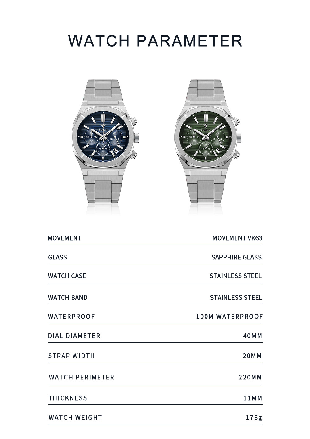 Cadisen C7062 Men's 40MM 100M Waterproof Chronograph Quartz Watch