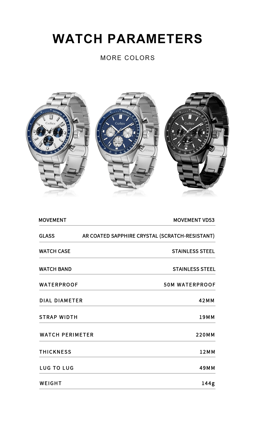 Cadisen C7063 Men's 42MM 50M Waterproof Chronograph Quartz Watch