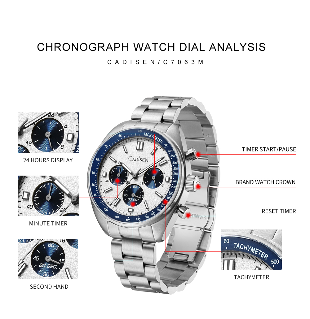 Cadisen C7063 Men's 42MM 50M Waterproof Chronograph Quartz Watch