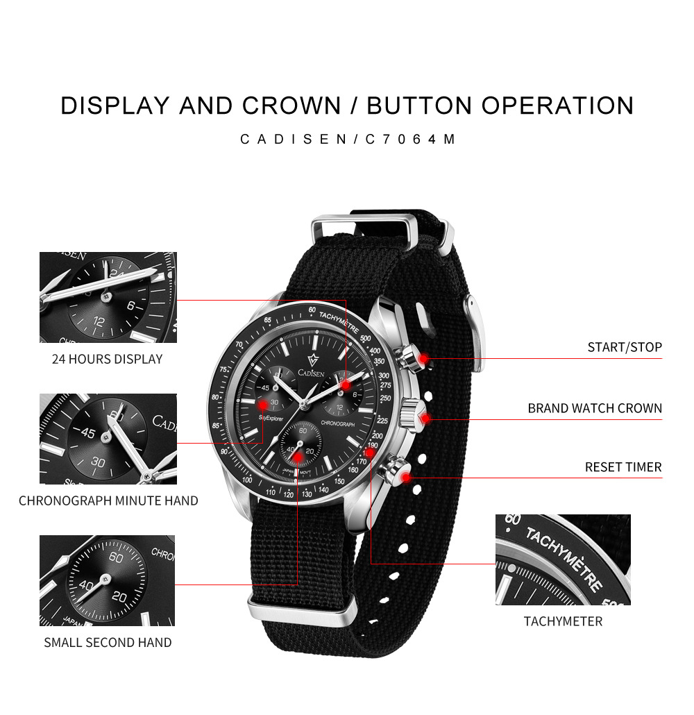 Cadisen C7064 Moonwatch Men's 40MM 50M Waterproof Chronograph