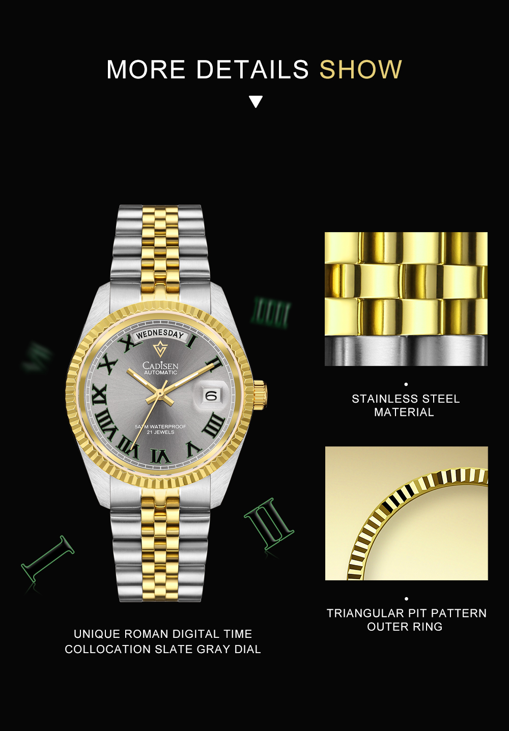 Cadisen C8228 Men's 38MM Japan Miyota 8285 Automatic Mechanical