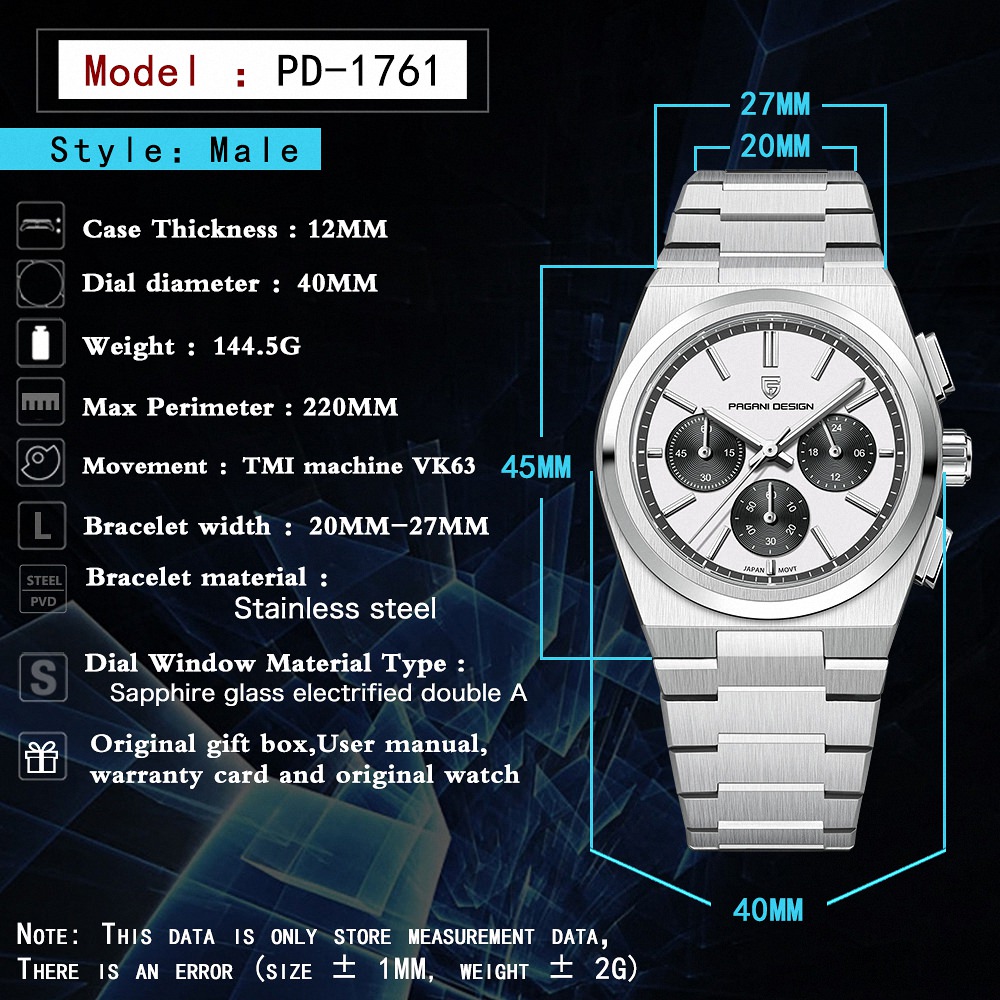 Pagani Design PD-1761 Men's 40MM 100M Waterproof Chronograph Japan