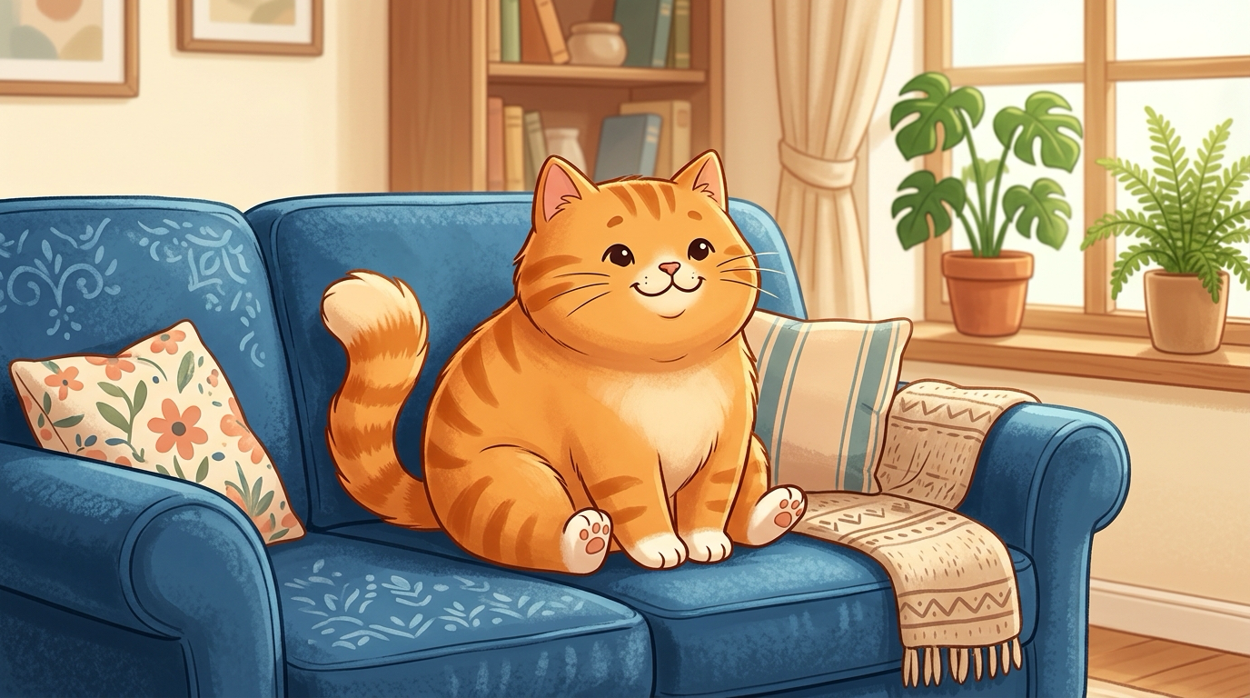 生成效果示例:坐在蓝色沙发上的橘猫