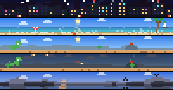 pixel band scenes: city at night, beach, dino, dino in a meteor storm, sunset