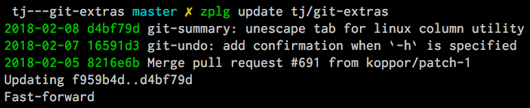 screenshot displaying zinit update tj/git-extras and its output