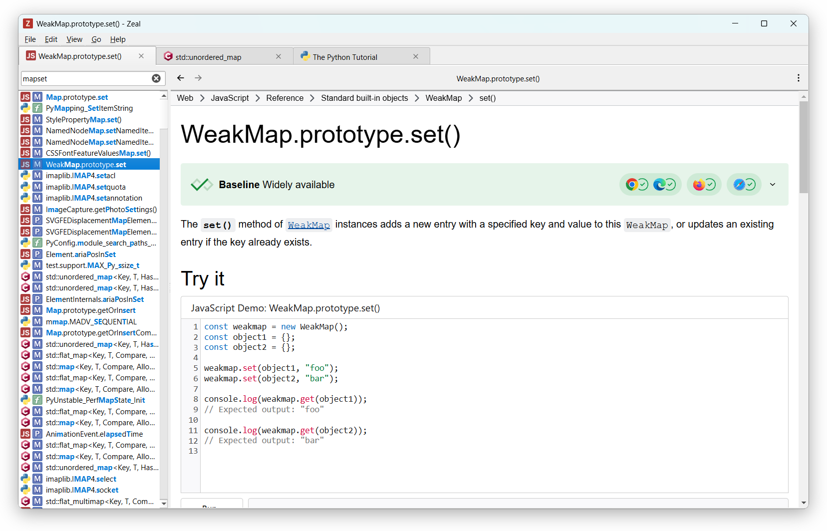Zeal showing instant search results across multiple docsets