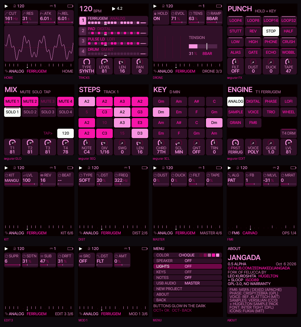 Screens of the Jangada firmware on the FM-1 display