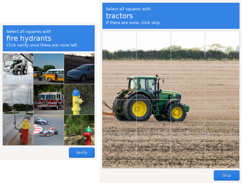 Screenshot of two librecaptcha challenges. The first is a multicaptcha
challenge that reads “select all squares with fire hydrants” and the
second is a dynamic challenge that reads “select all squares with
tractors”.