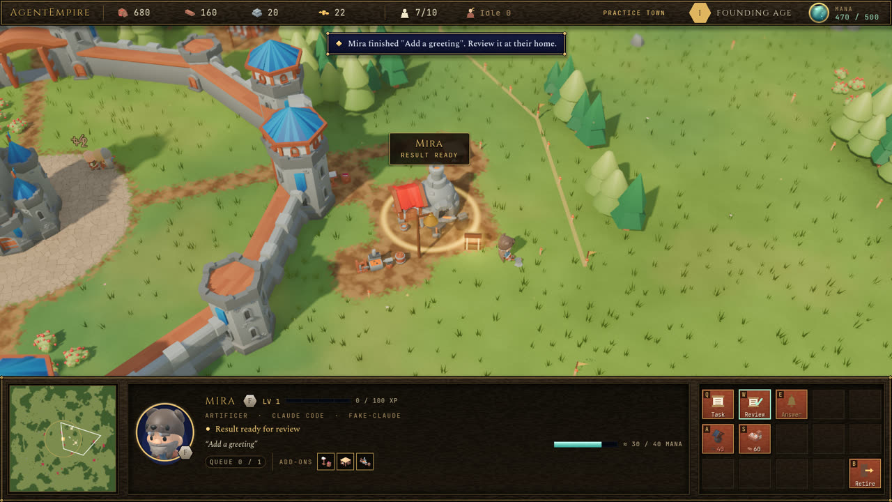 The town: the Keep, an agent's workshop with its add-ons, and the game's controls