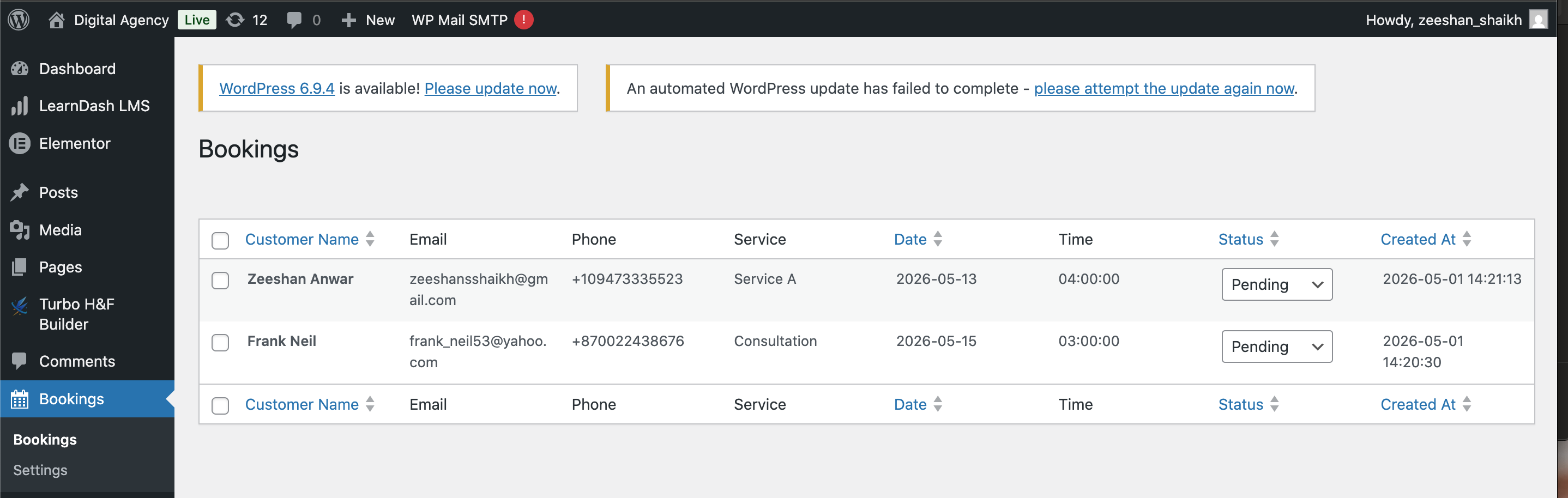 Admin Bookings Table