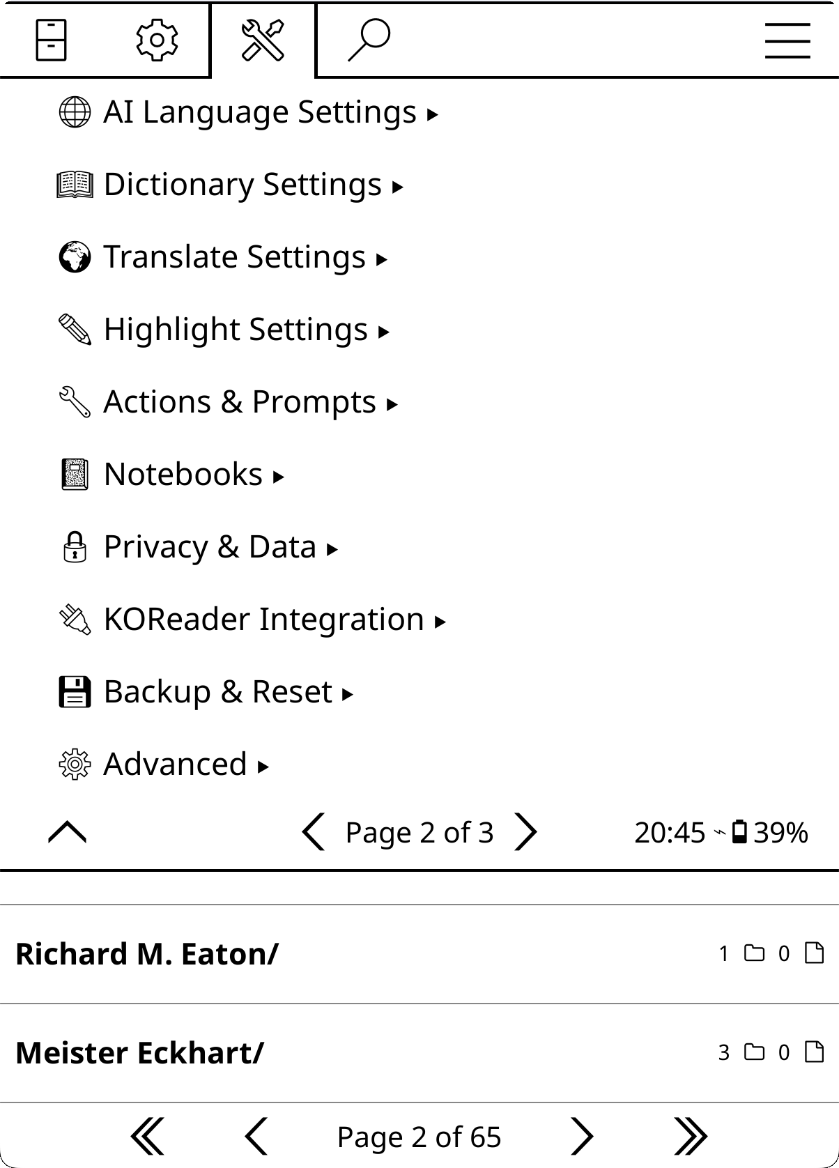 Settings menu