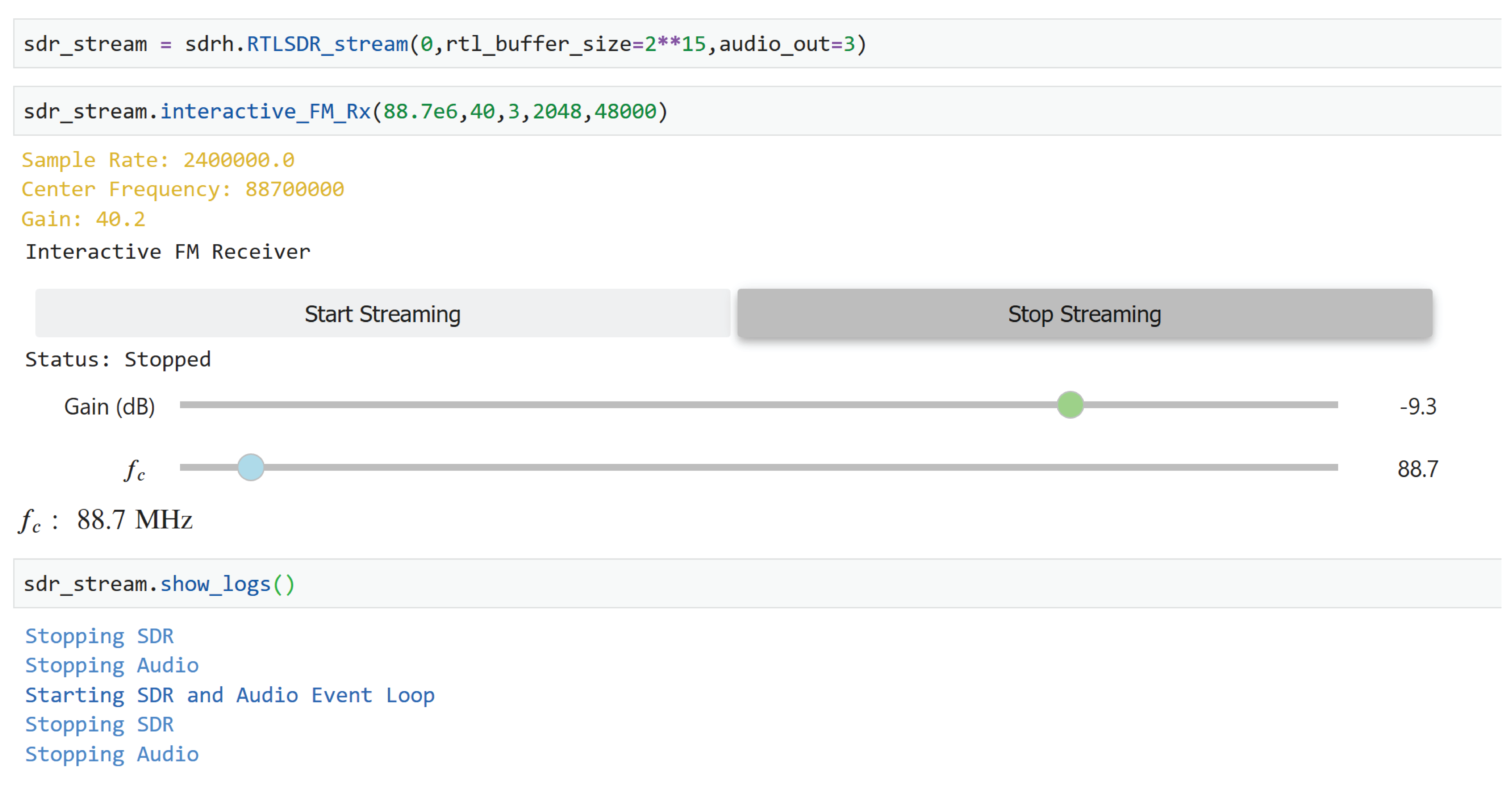 Code snippet for an FM radio receiver.