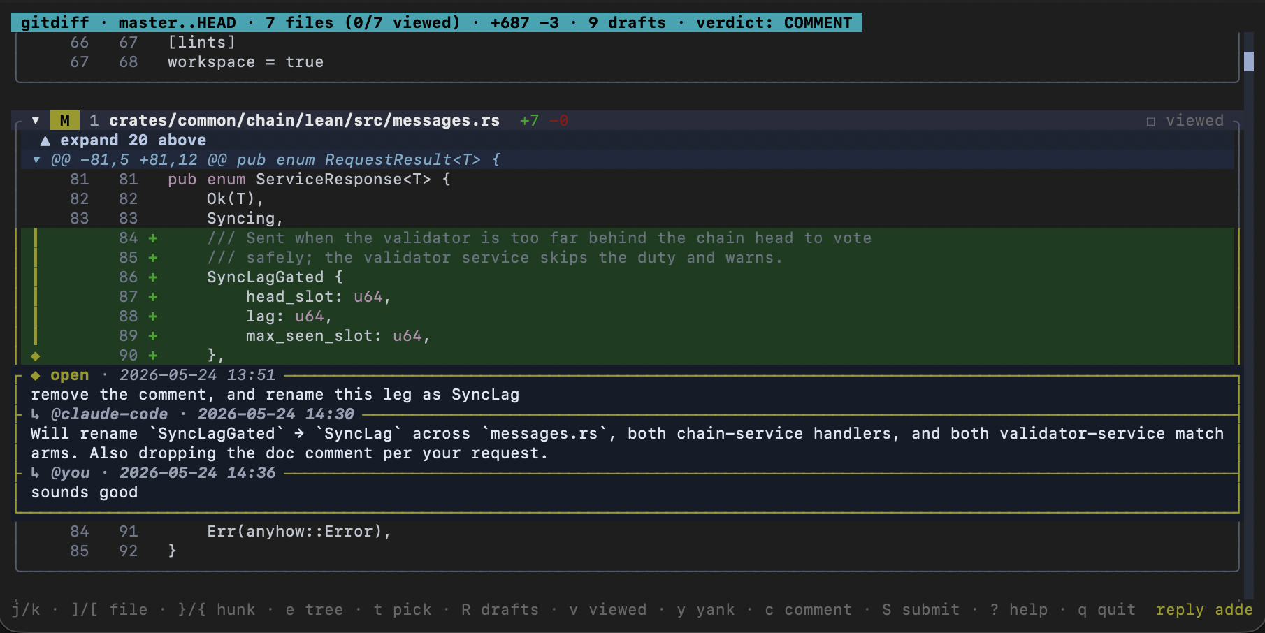 gitdiff TUI — comment thread with an agent reply