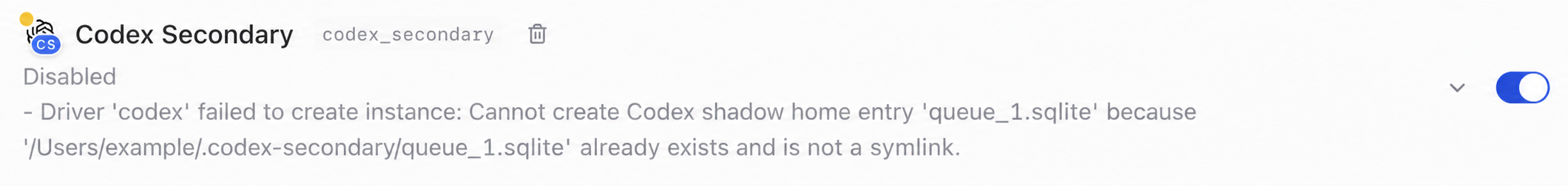 Sanitized T3 Code provider error showing queue_1.sqlite shadow-home conflict