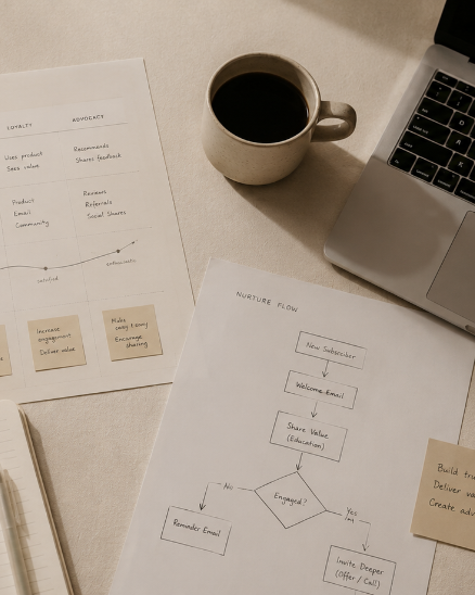 Customer journey strategy desk with coffee and planning notes