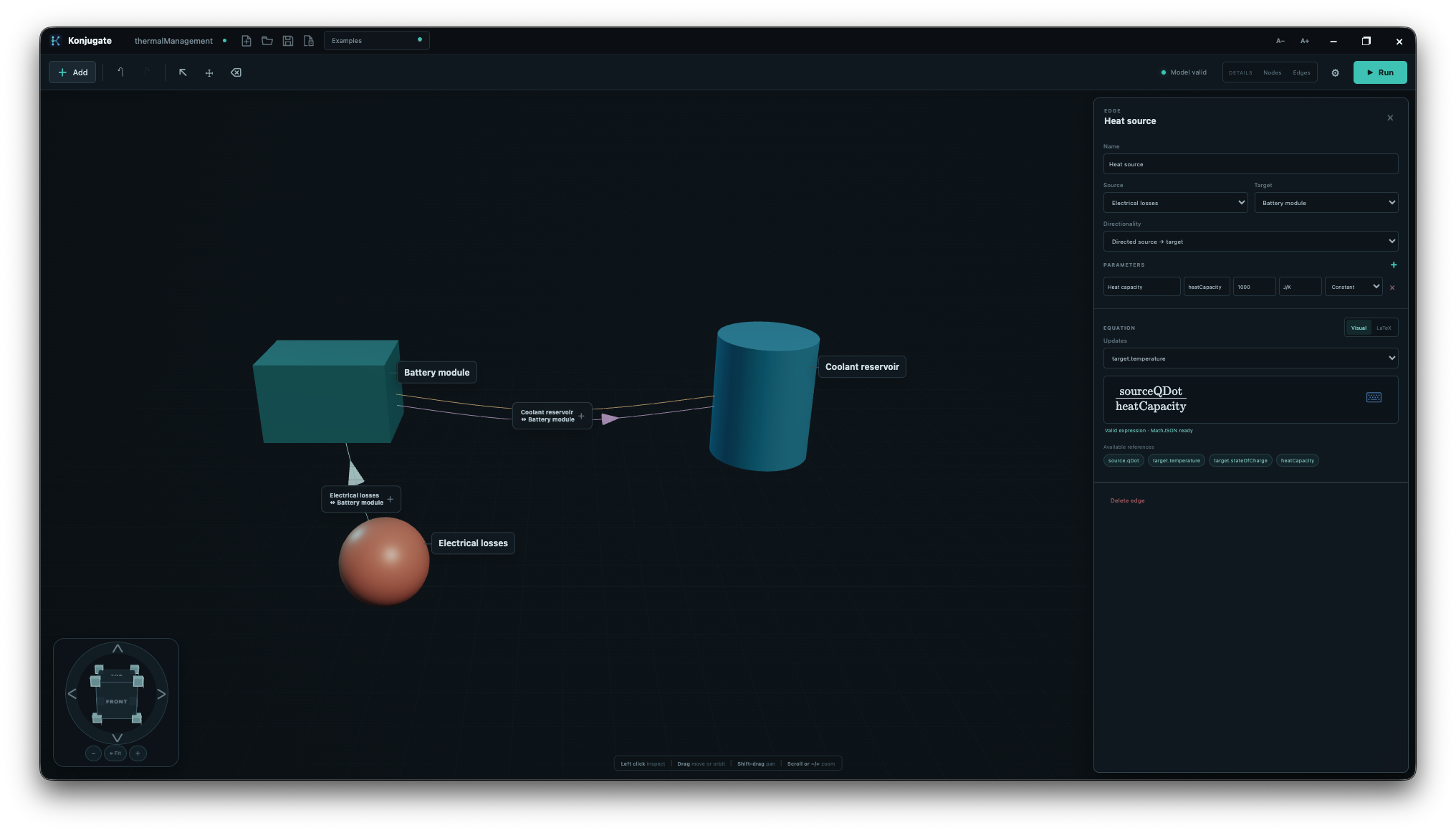 Konjugate showing a thermal-management graph with three-dimensional nodes, relationships and simulation controls