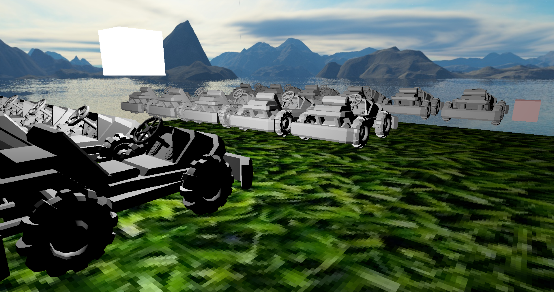 Demo featuring skybox, karts, grass and a cube