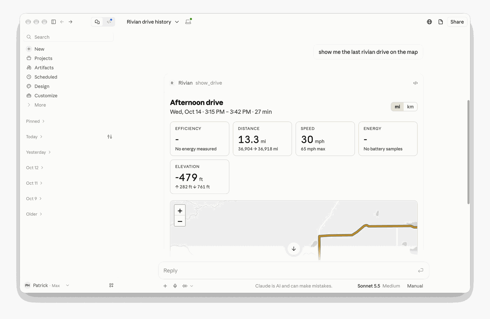 Claude showing a recorded drive with its route on a map, distance, speed and elevation