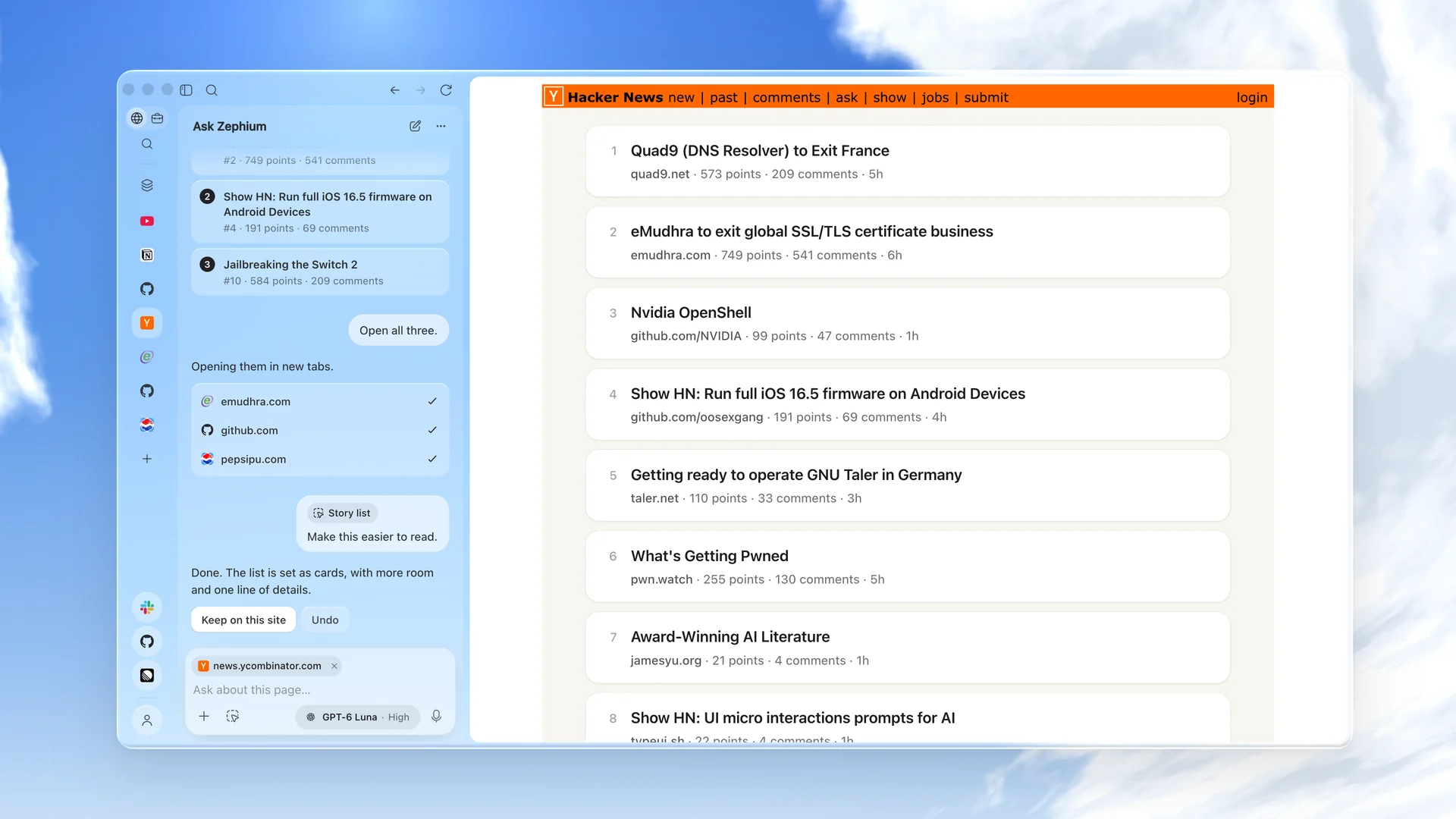 Ask Zephium beside Hacker News: three stories picked, opened in new tabs, and the front page re-set as calm cards