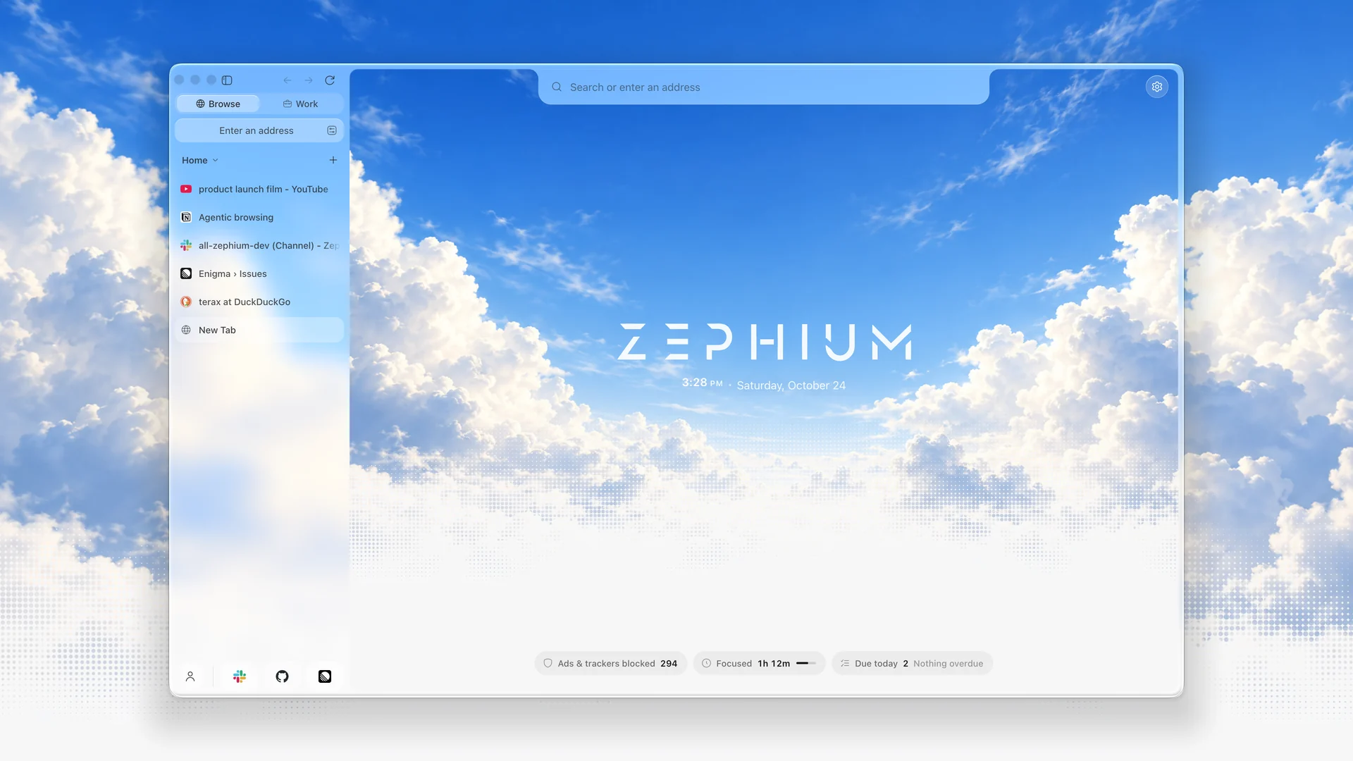 Zephium's new tab: the window opens onto the sky, with the name, the time and date, and the day's figures along its foot