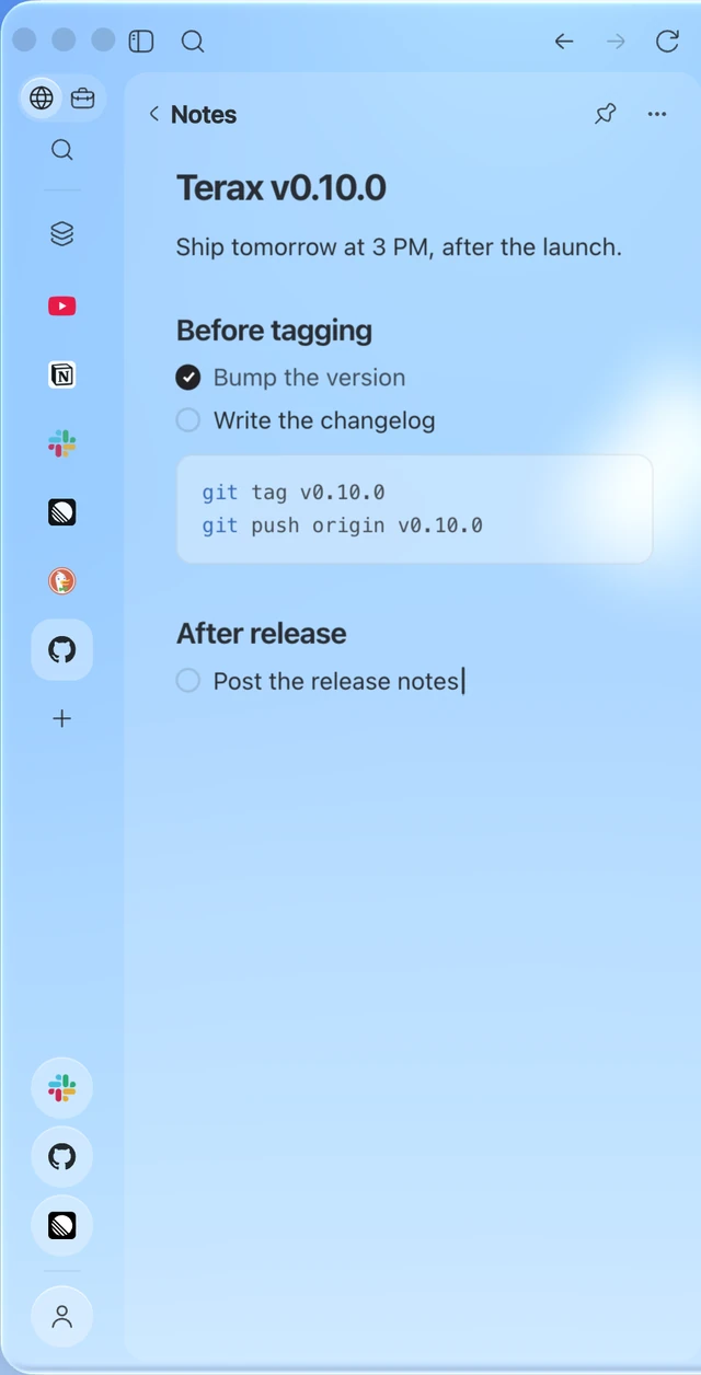 Notes: a Markdown release checklist with code, beside the page