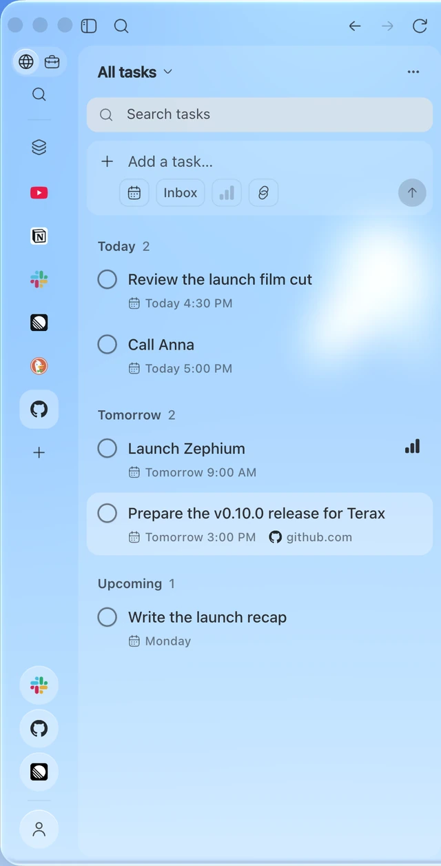 Tasks: today, tomorrow and upcoming, with a task linked to the page it came from