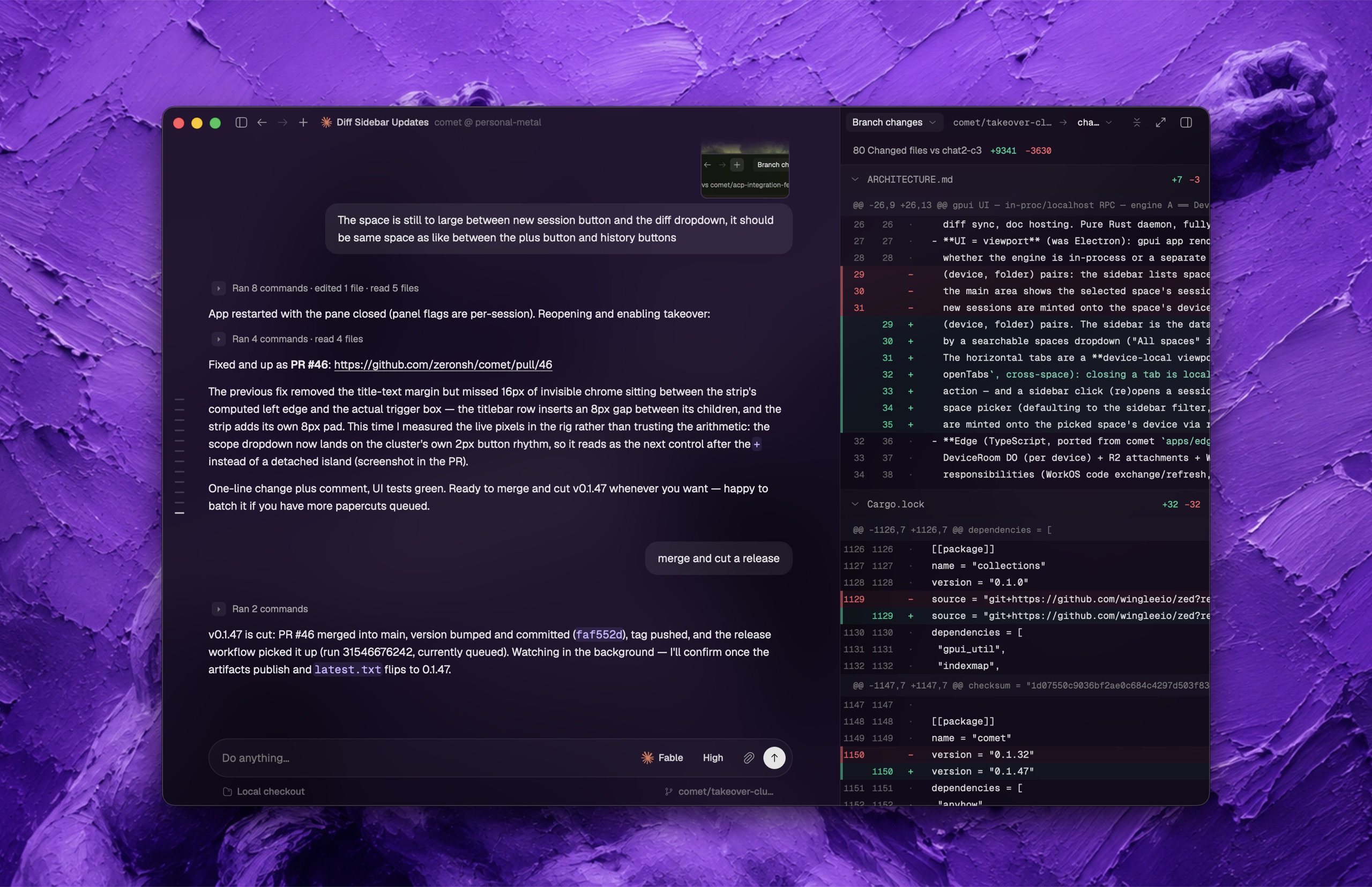 Zeron desktop interface에서 coding agent 대화 창과 실시간 branch diff sidebar가 함께 표시된 화면이다.