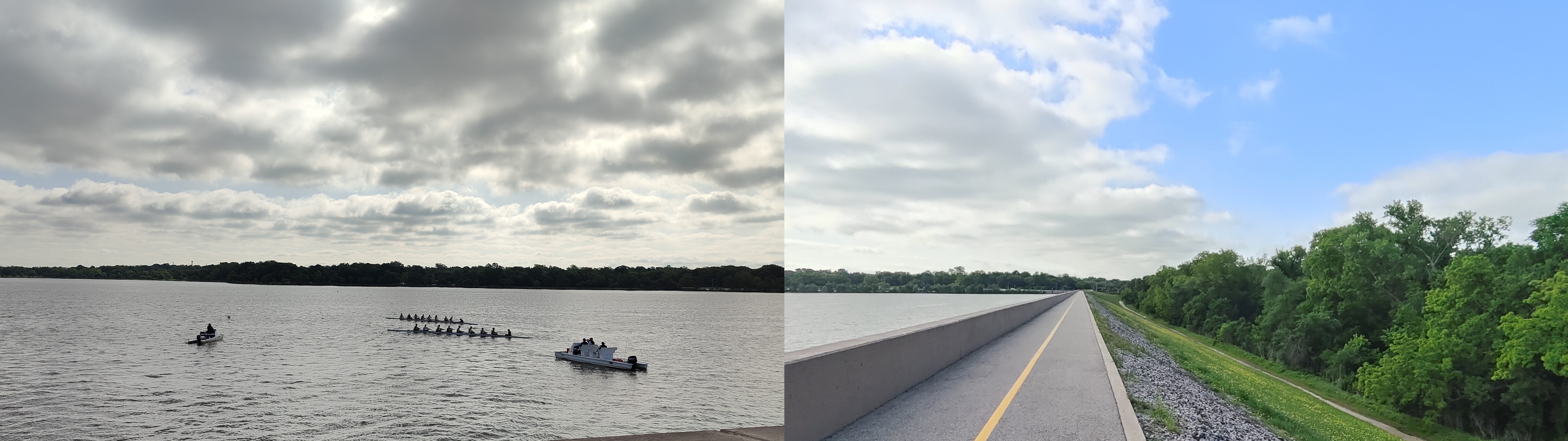 左:在湖里划船的人们;右:White Rock Lake 大坝上的路