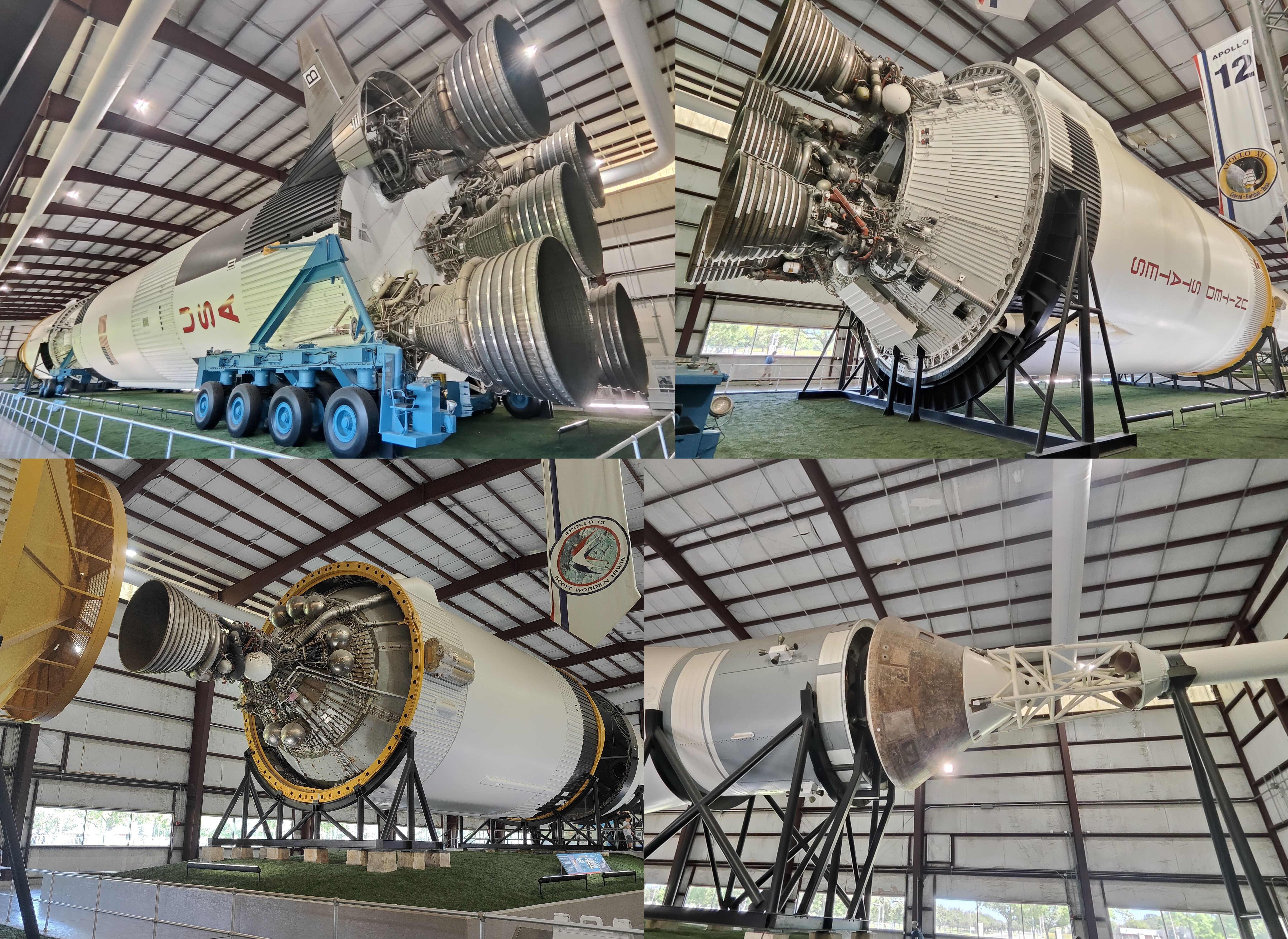 土星五号. 左上:从一级尾部看整个火箭;右上:二级;左下:三级;右下:宇宙飞船