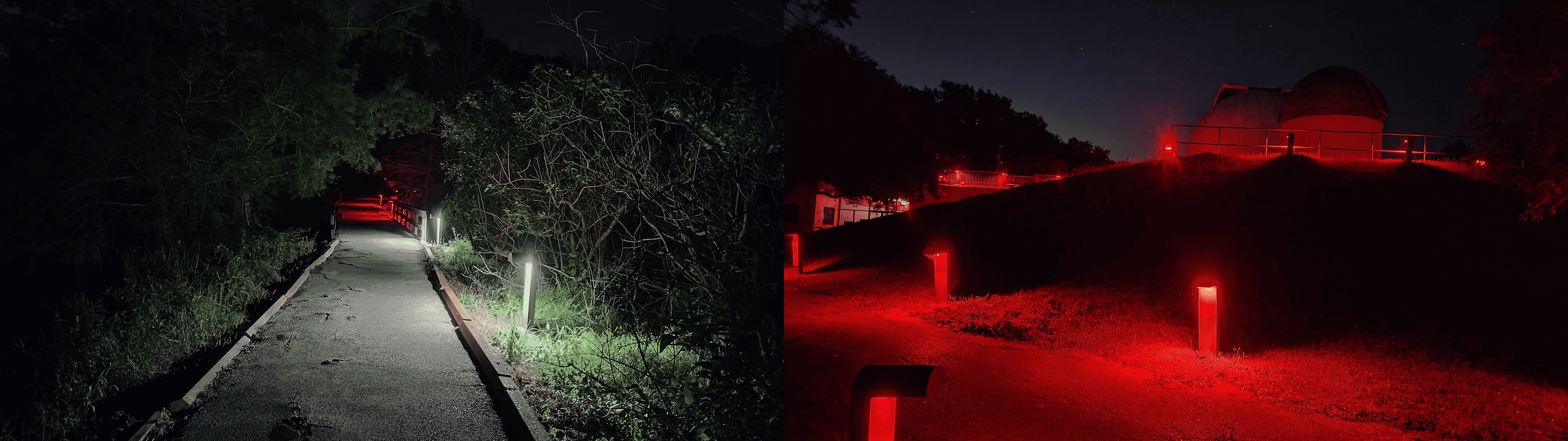 左:小路从亮白灯变为了亮红灯;右:天文台在红灯之下
